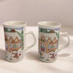 Royal Norfolk Mug Christmas Crosstitch House Tree Bunnies pair